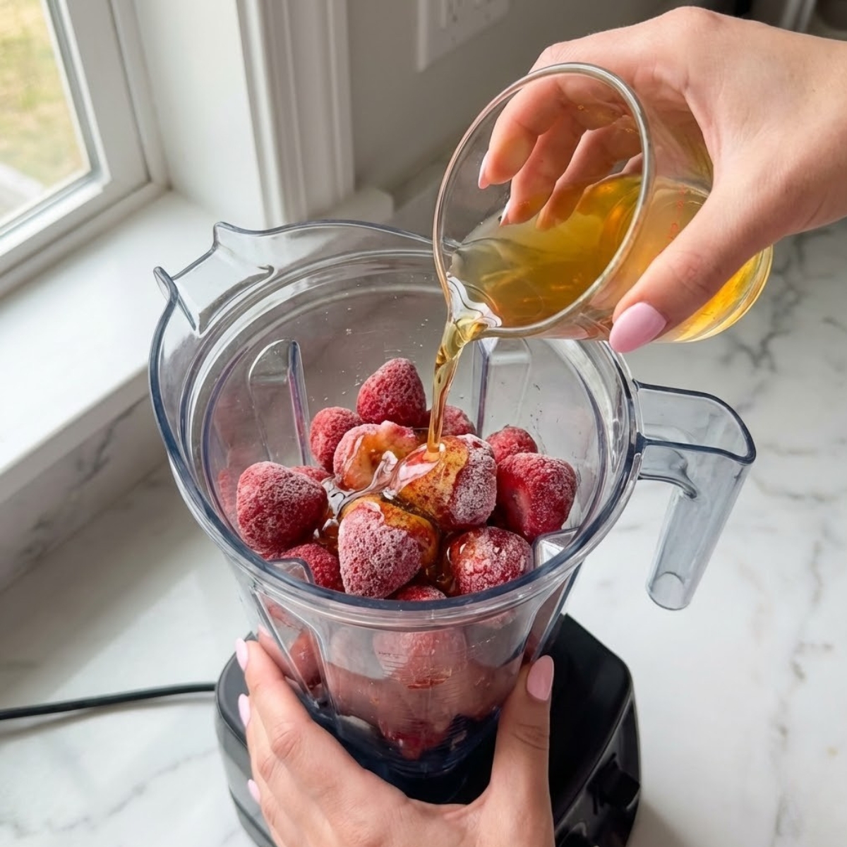 Extreme close-up of hands with baby pink nails pouring apple juice over frozen strawberries in a blender pitcher.