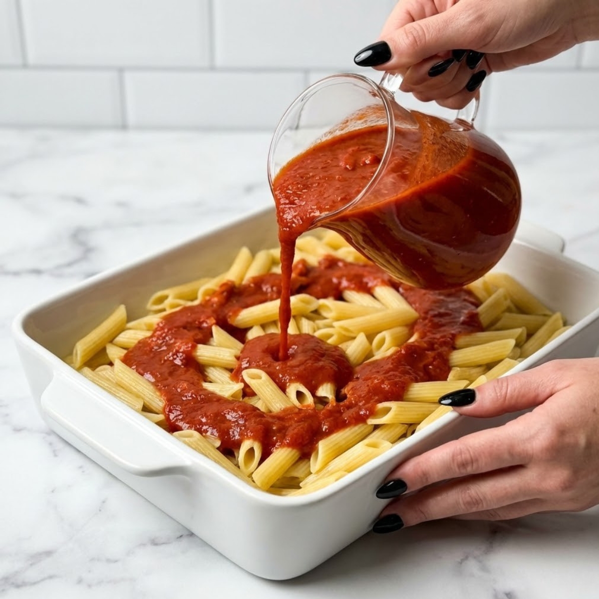 Extreme close-up of hands with black nails pouring marinara sauce over cooked penne noodles in a baking dish.