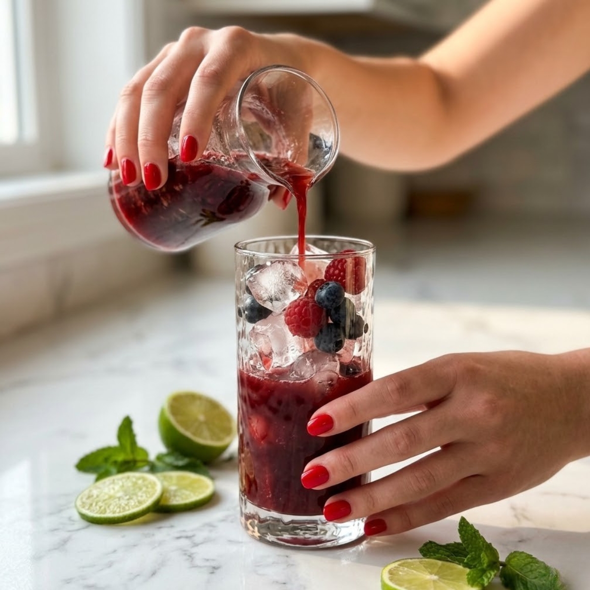 Close-up of a hand with red nails pouring red mocktail base from a pitcher into a glass of ice and berries on a white marble counter.