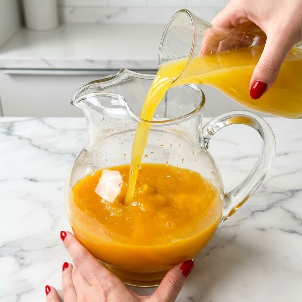Close-up of hands pouring pineapple juice into a large glass pitcher to mix with mango nectar.