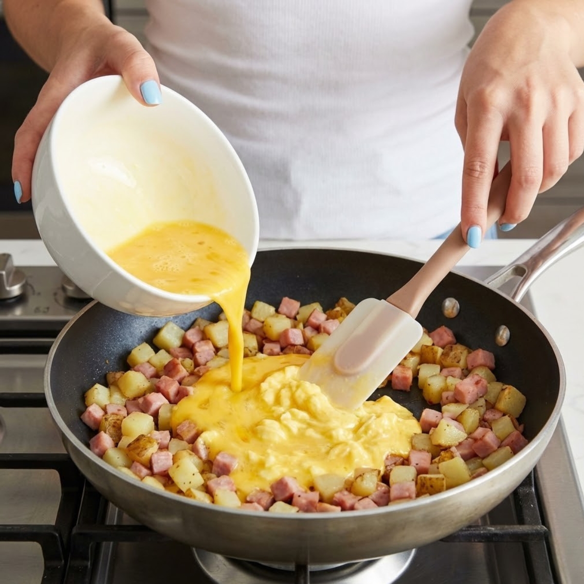 Close-up of hands pouring whisked eggs into a skillet of potatoes and ham and scrambling them.