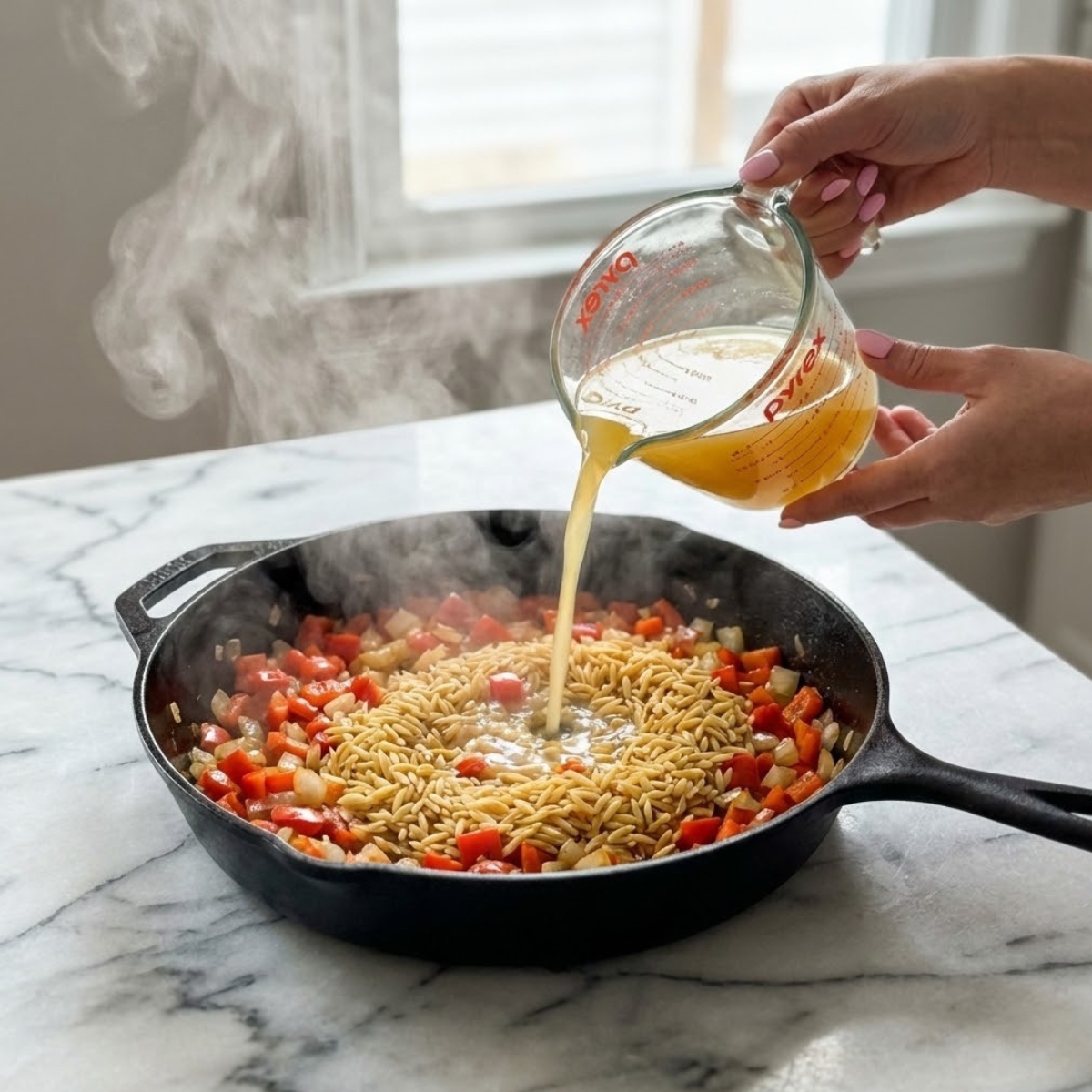 Close up of pouring chicken broth into a skillet with toasted orzo and vegetables.