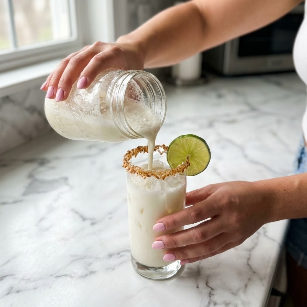 Close up of pouring a creamy coconut lime refresher into an ice-filled glass with a coconut rim.