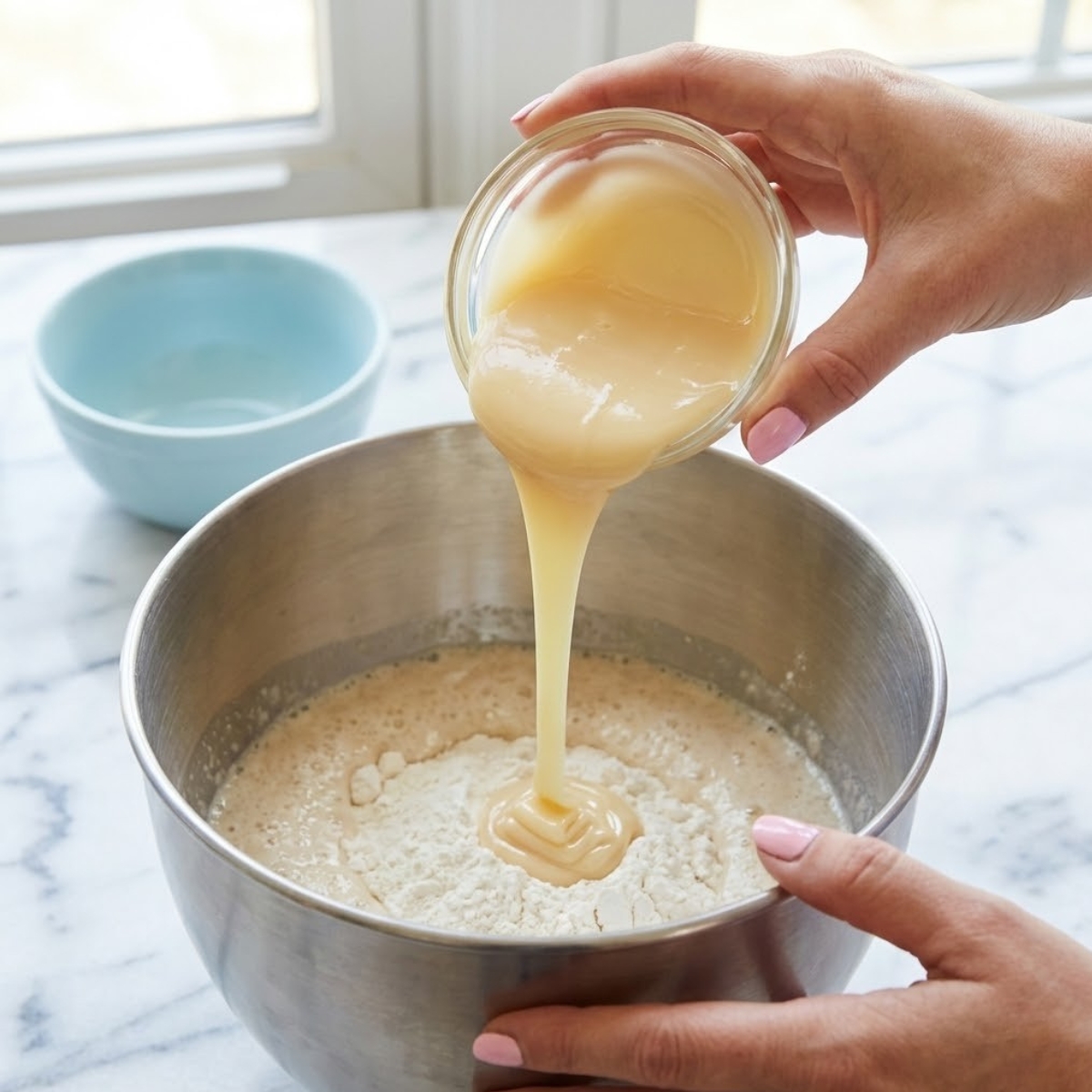 Close up of pouring thick sweetened condensed milk into the bread dough mixture in a stand mixer bowl.