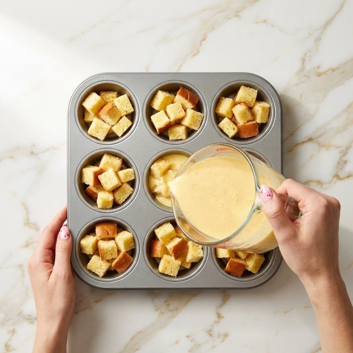 Overhead view of egg custard being poured over brioche bread cubes in a muffin pan. A hand with pink nails prepares the french toast muffins.