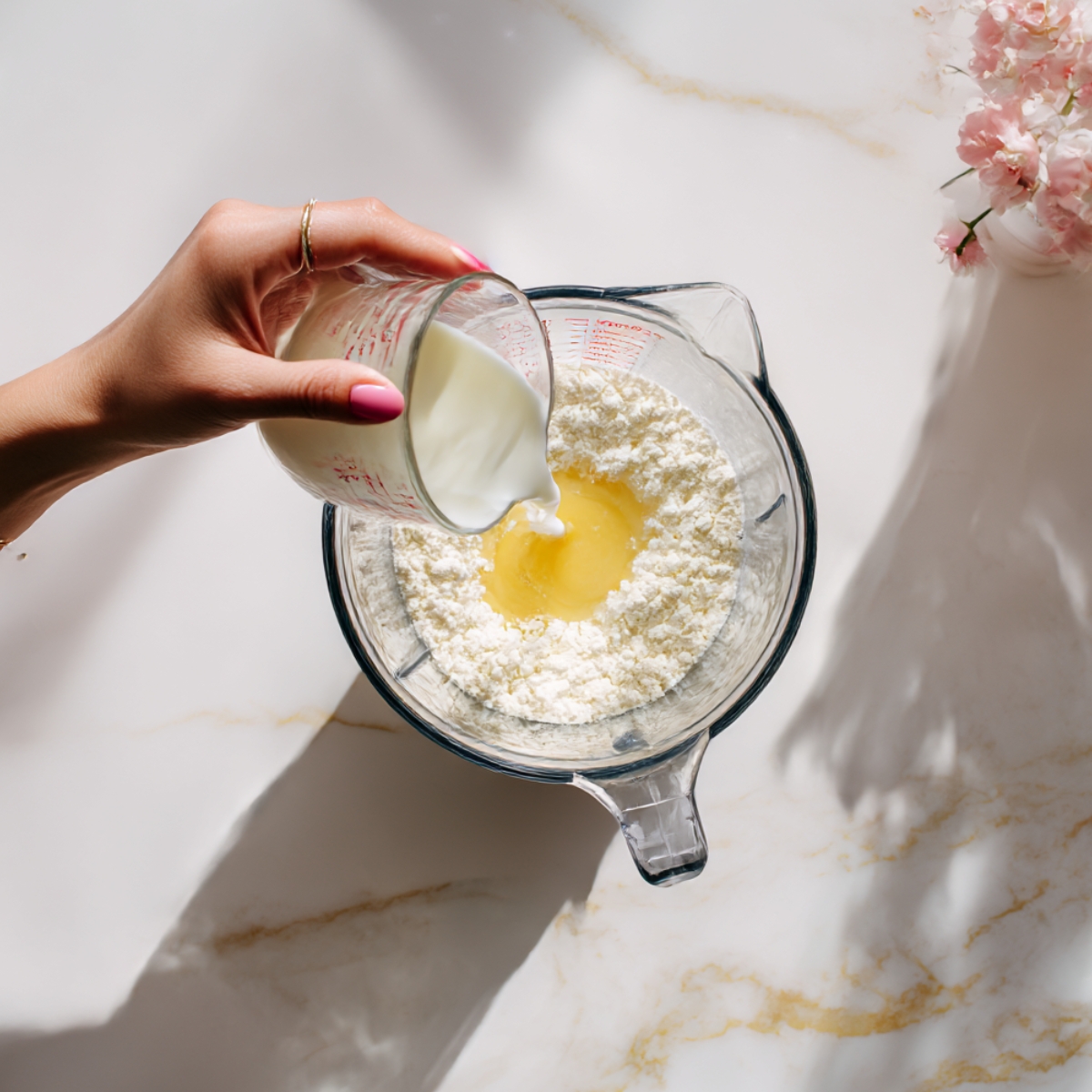 Overhead view of milk being poured into a blender with flour and eggs. A hand with pink nails prepares the crepe batter on a marble counter.