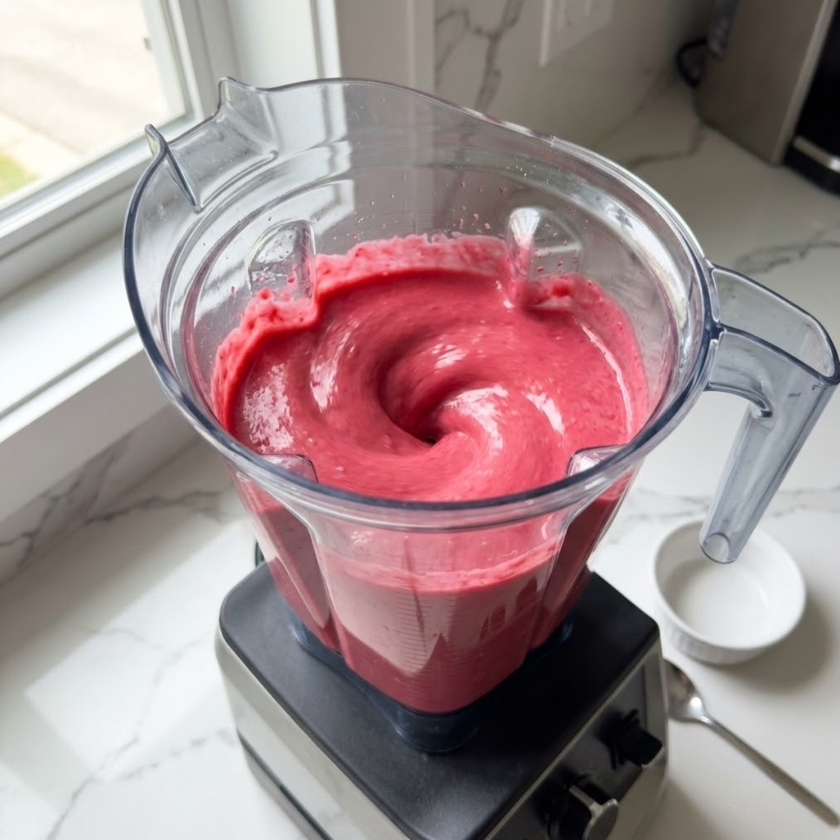 Extreme close-up 45-degree angle view looking down into a running high-speed blender pitcher. Inside, a thick, smooth, vibrant pink raspberry puree is vigorously swirling as it is actively processed. The blender base rests on a modern white marble kitchen counter. Natural light from a window on the left catches the glossy texture.