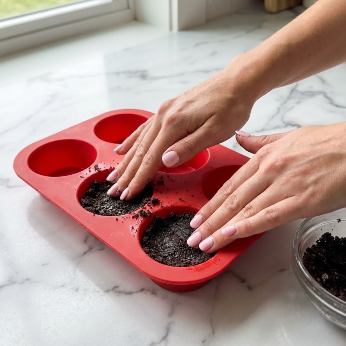Close up of hands pressing crushed chocolate cookie crust into a silicone muffin pan.