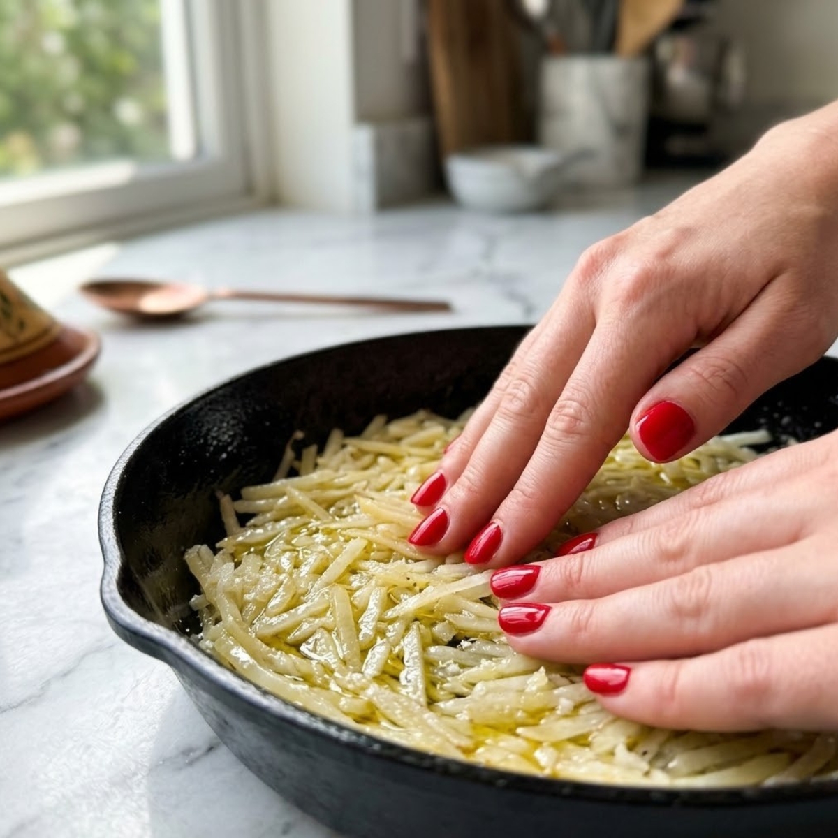 Close-up of a young woman's hands with classic red nails firmly pressing dry shredded hash browns into a greased skillet on a white marble kitchen counter to build a pizza crust.