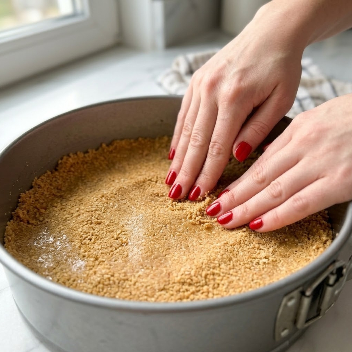 Close-up of a young woman's hands with classic red nails firmly pressing a sturdy graham cracker crumb mixture into the base of a springform pan on a marble counter.