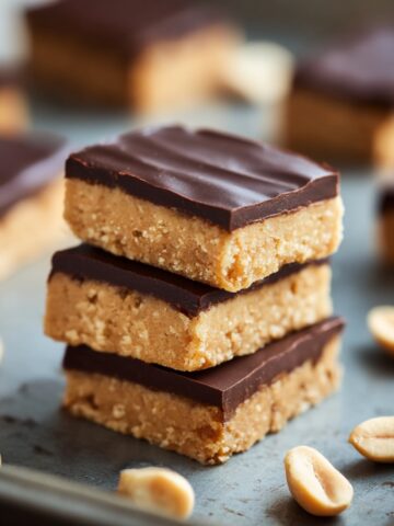 Stack of three homemade protein bars on light blue surface with peanut butter base and dark chocolate top layer, scattered peanuts in foreground, additional bars softly blurred in background