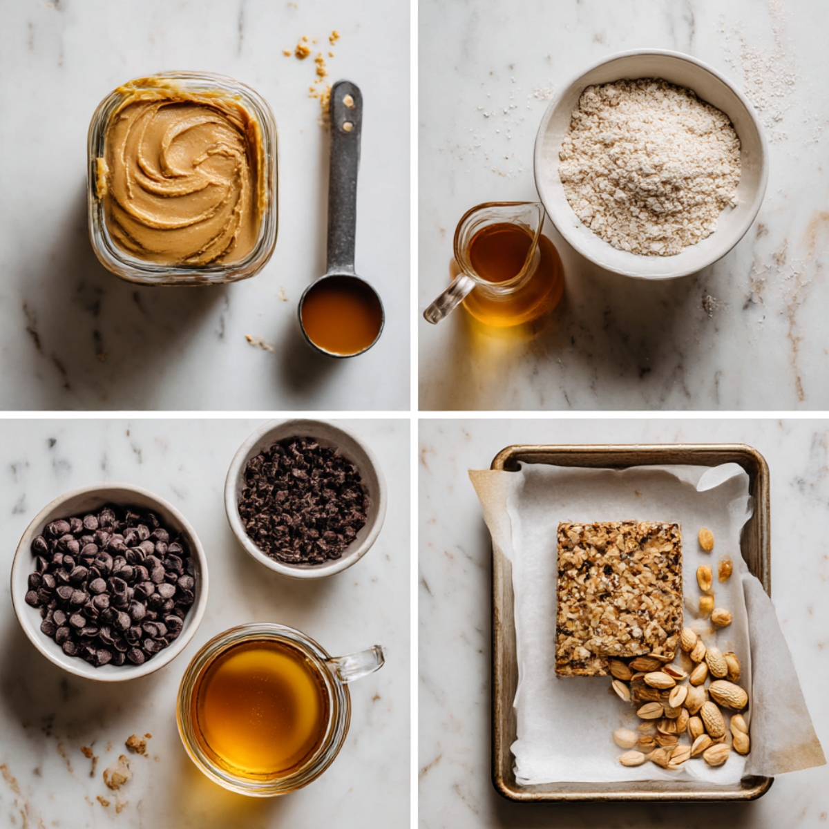 Ingredients for Protein Bars arranged in a 4-panel flat lay on a white marble kitchen counter.