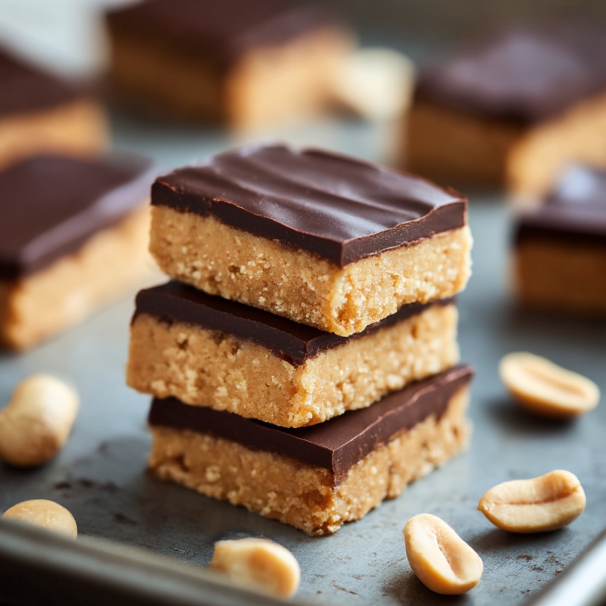 Stack of three homemade protein bars on light blue surface with peanut butter base and dark chocolate top layer, scattered peanuts in foreground, additional bars softly blurred in background