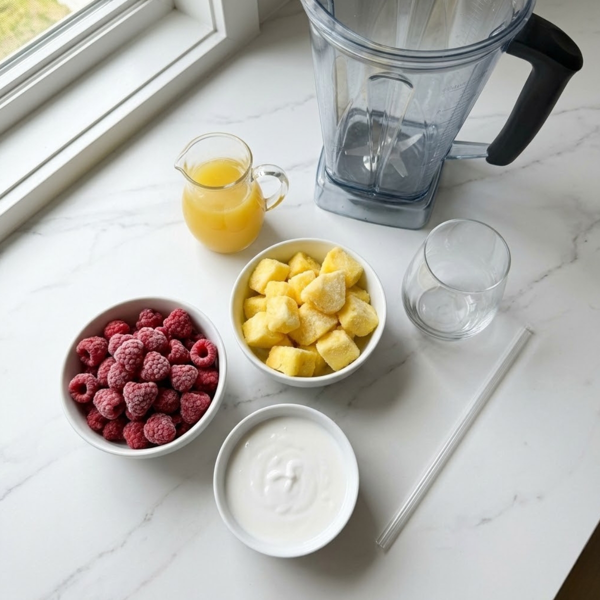 Overhead flat lay shot of organized ingredients for a raspberry pineapple colada on a modern white marble kitchen counter. Included are bowls of frozen raspberries and pineapple chunks, cream of coconut, a pitcher of pineapple juice, a stemless glass with a straw, and a blender pitcher. Natural window light from the left illuminates the setup.