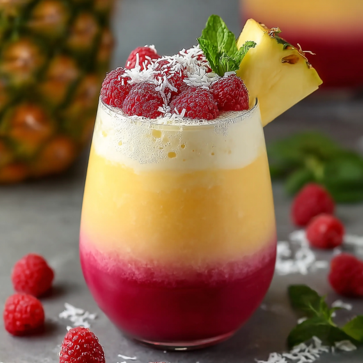 A stemless glass showcasing a layered Raspberry Colada Twist drink with a deep raspberry base, golden pineapple middle, and frothy coconut cream top, garnished with fresh raspberries, shredded coconut, a pineapple wedge, and mint leaves, with scattered raspberries and coconut flakes on a gray surface and a whole pineapple blurred in the background.