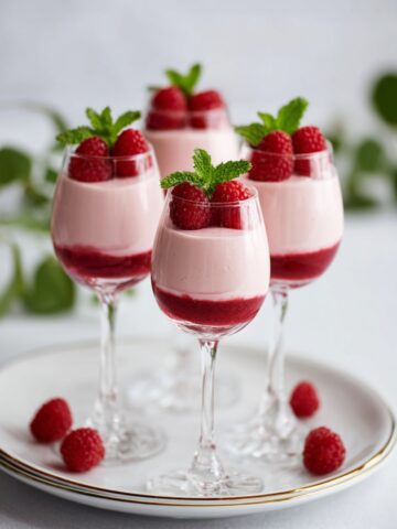 Four elegant wine glasses filled with layered raspberry mousse dessert, featuring bright raspberry compote base and creamy pink mousse top, garnished with fresh raspberries and mint leaves, arranged on a white gold-rimmed plate