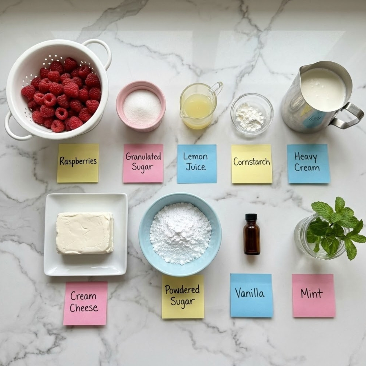Overhead view of ingredients for raspberry mousse including fresh berries, cream, and mint organized in bowls on a marble counter.