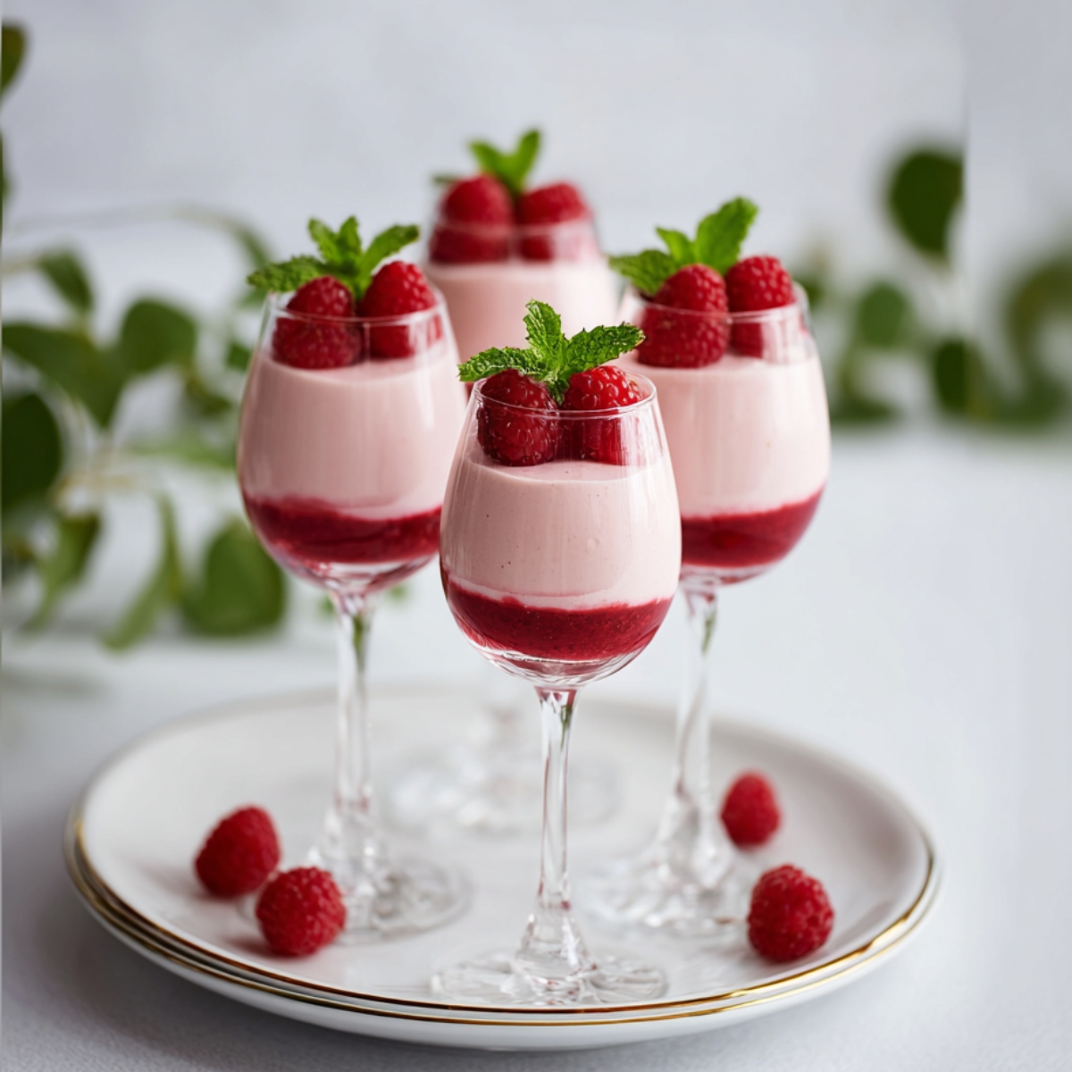 Four elegant wine glasses filled with layered raspberry mousse dessert, featuring bright raspberry compote base and creamy pink mousse top, garnished with fresh raspberries and mint leaves, arranged on a white gold-rimmed plate