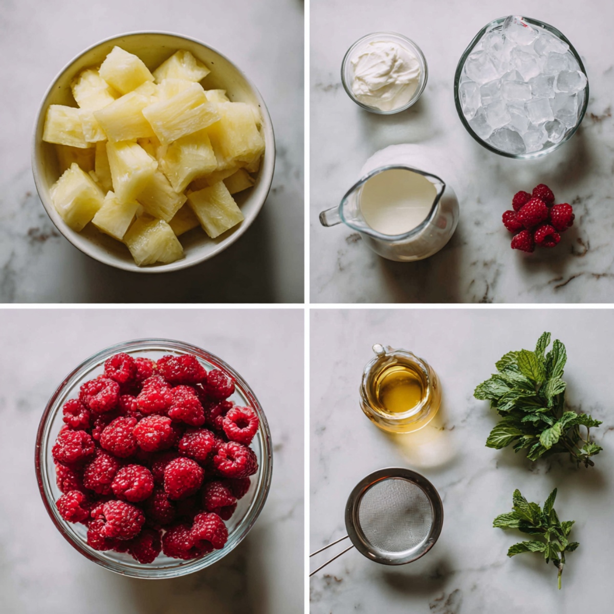 Ingredients for Raspberry Piña Colada arranged in a 4-panel flat lay on a white marble kitchen counter.