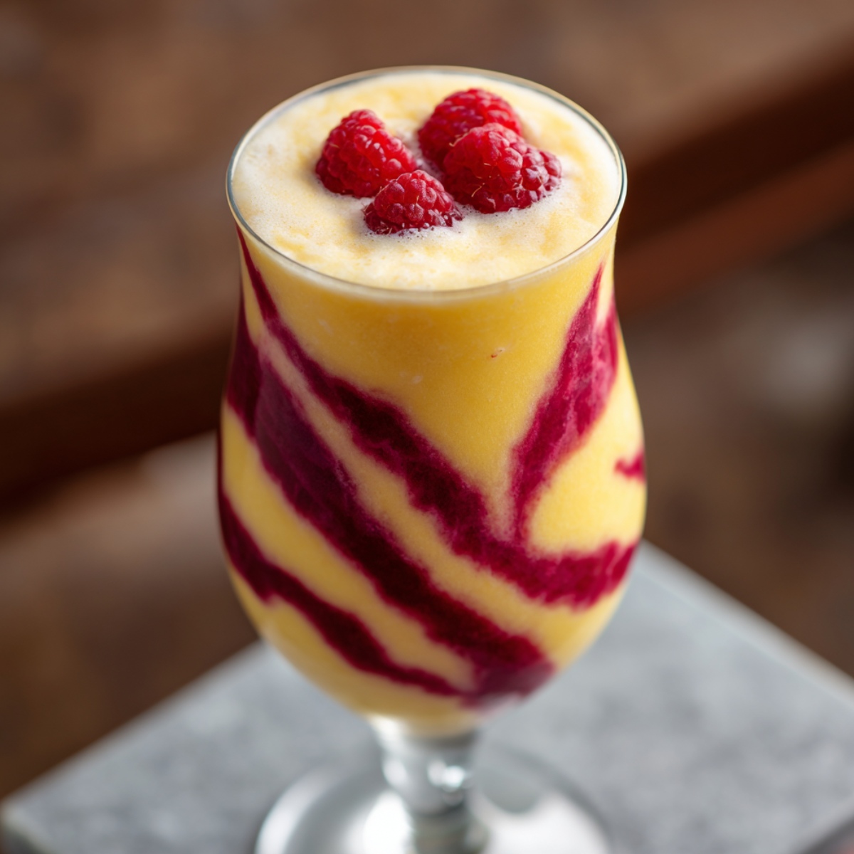 Raspberry Piña Colada in a stemless wine glass with a creamy yellow pineapple-coconut smoothie swirled with deep pink raspberry puree in decorative streaks, topped with three fresh raspberries, served on a white napkin