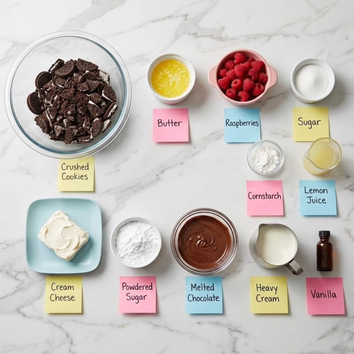Overhead view of ingredients for no-bake raspberry chocolate mousse cups including crushed cookies, raspberries, chocolate, and cream organized in bowls on a marble counter.