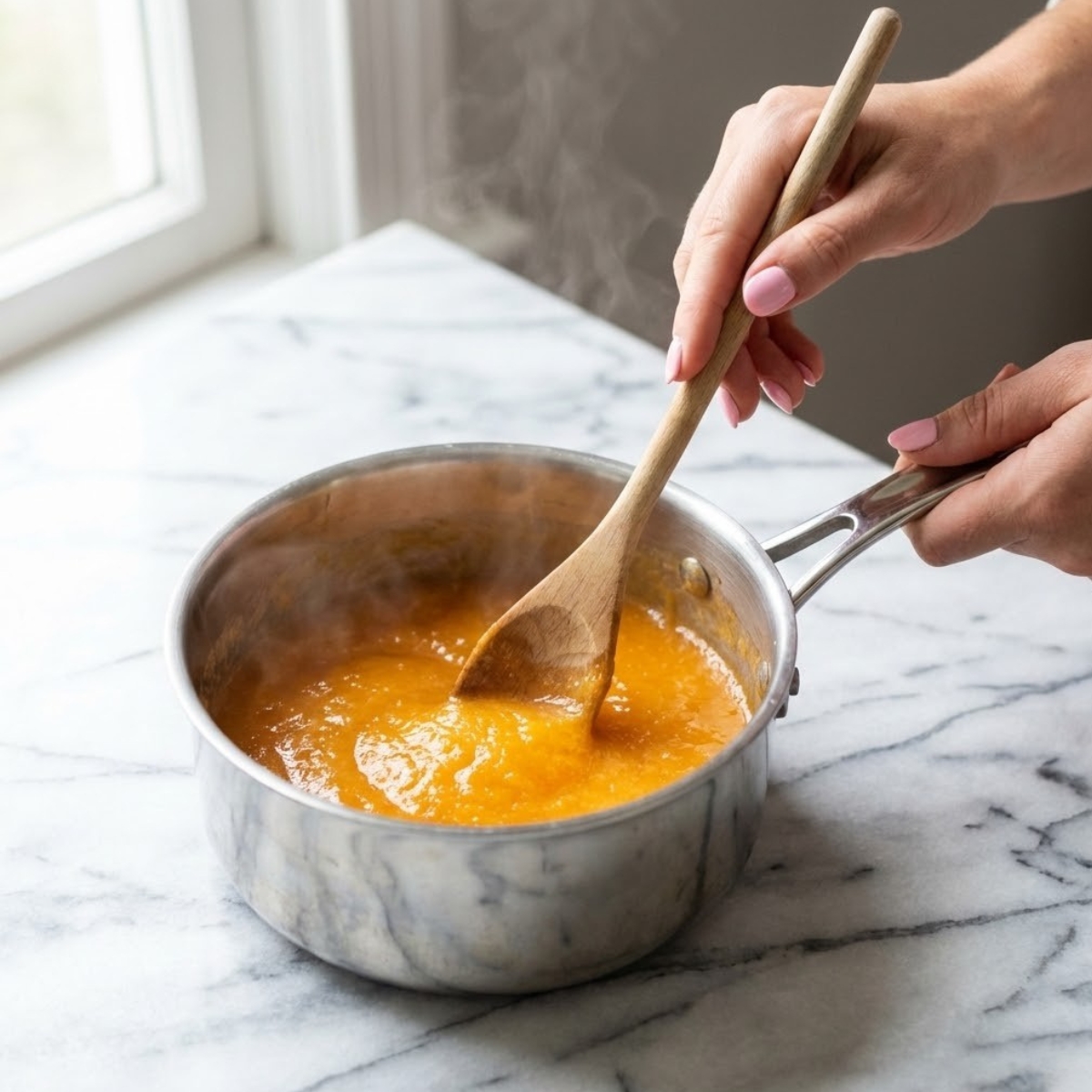 Close up of hands stirring peach puree in a saucepan to reduce it for cupcake batter.
