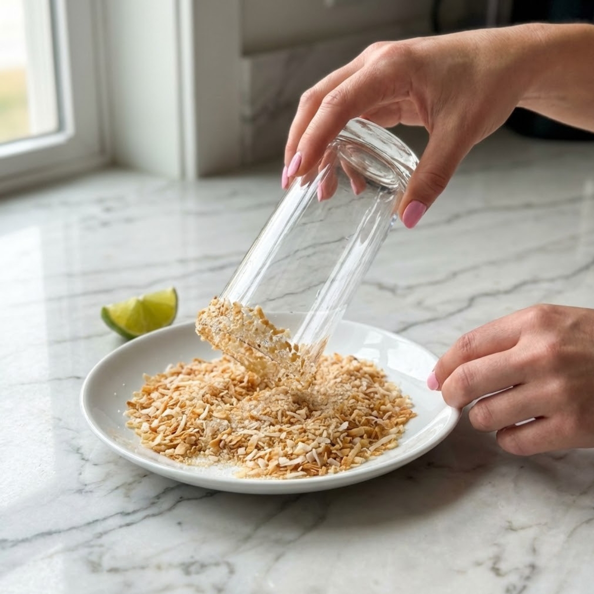 Close up of hands dipping a glass rim into toasted coconut and sugar.