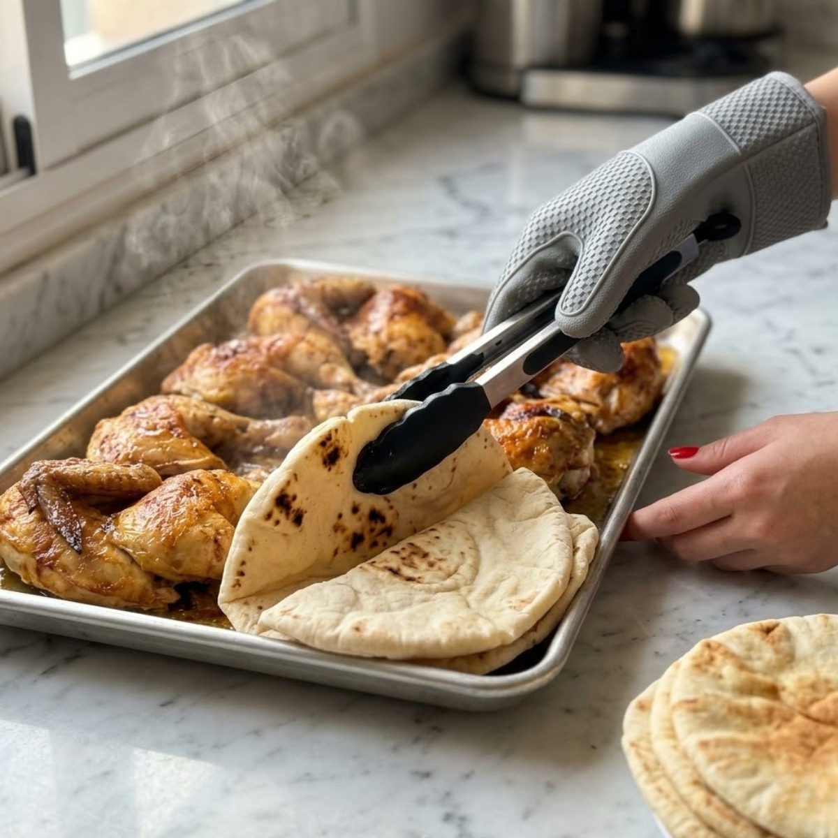 Close-up of a hand with red nails using tongs to place pita bread on a sheet pan of golden-brown roasted chicken on a white marble counter.