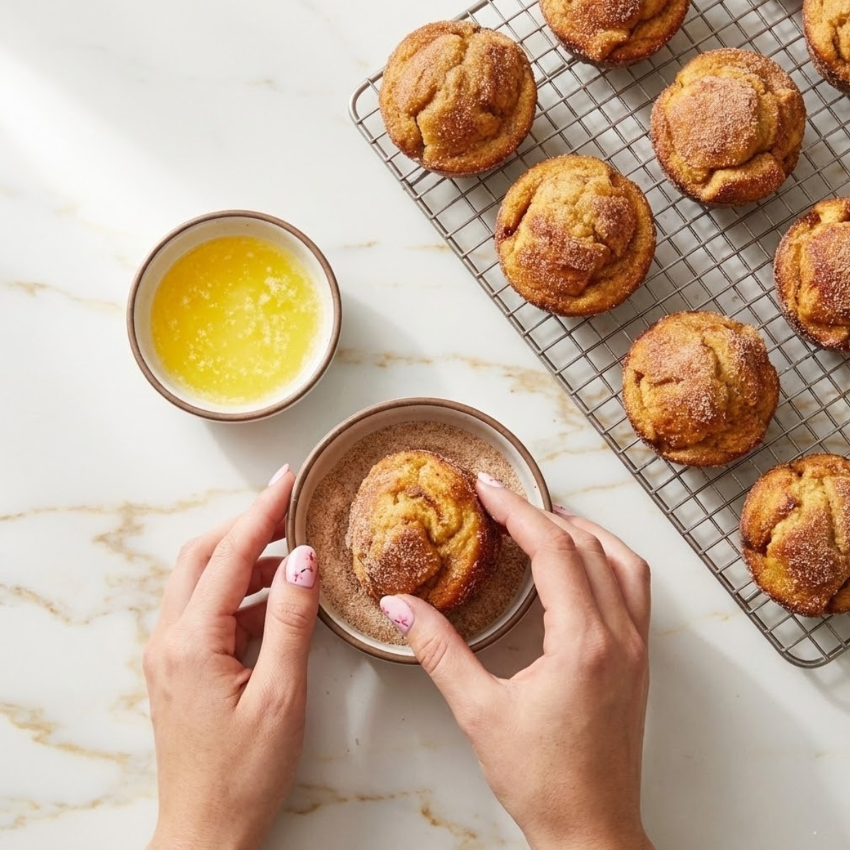 Overhead view of a hand rolling a warm muffin in cinnamon sugar coating. The golden brown french toast muffins are dipped in butter and sugar for a sweet finish.
