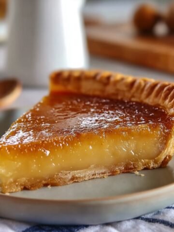 A single slice of salted honey pie on a gray ceramic plate, showcasing a glossy caramelized amber honey custard filling with a creamy pale interior layer in a golden fluted pastry crust, with a wooden spoon, white pitcher, and nuts blurred in the background.