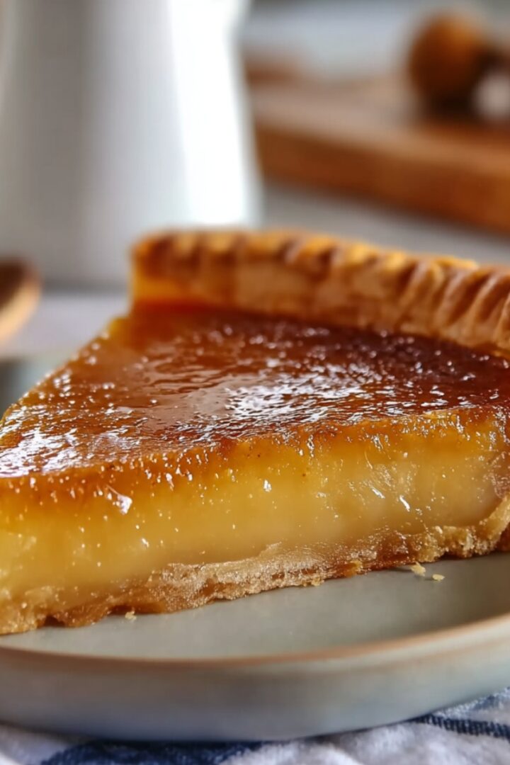 A single slice of salted honey pie on a gray ceramic plate, showcasing a glossy caramelized amber honey custard filling with a creamy pale interior layer in a golden fluted pastry crust, with a wooden spoon, white pitcher, and nuts blurred in the background.