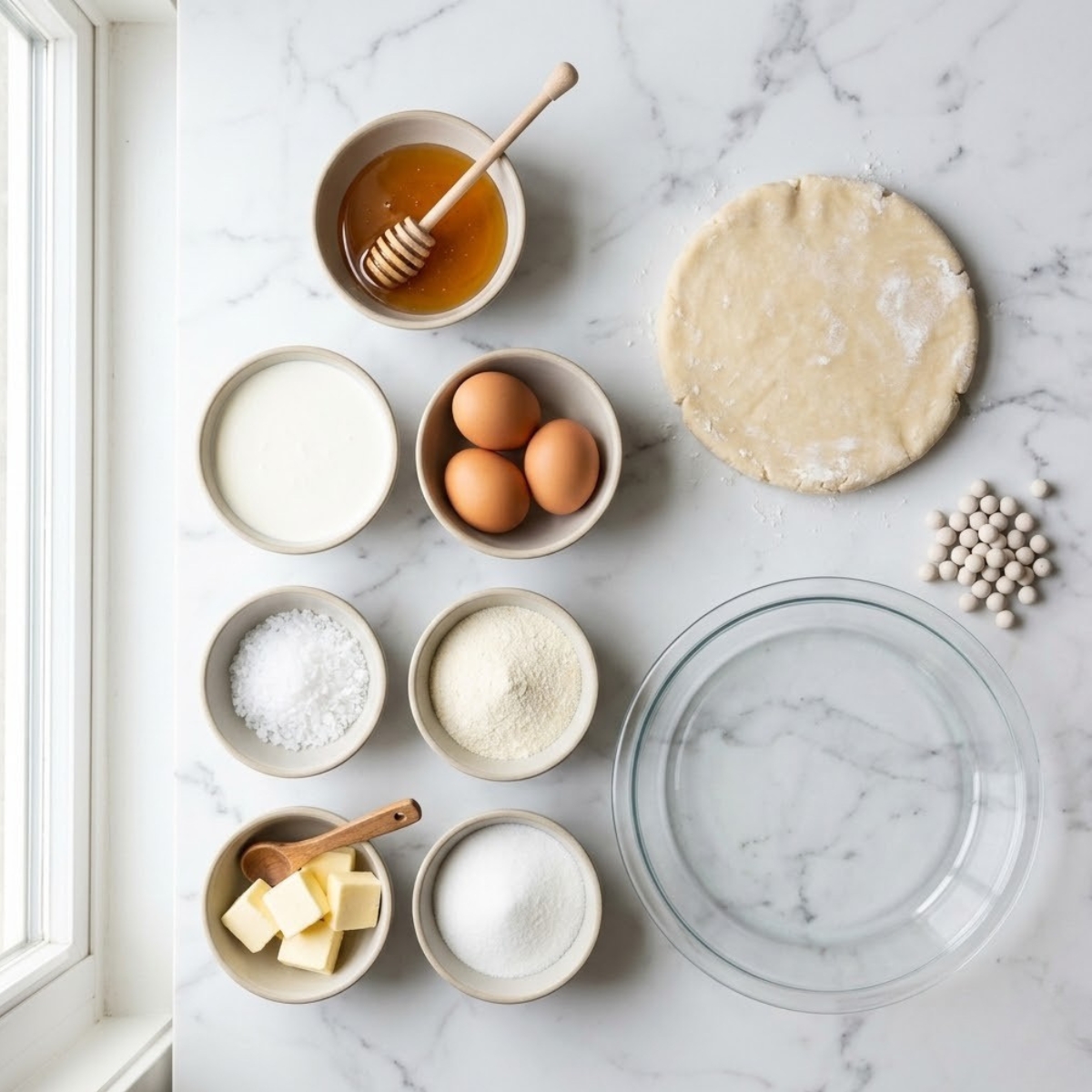 Overhead view of organized ingredients for a Salted Honey Pie, featuring honey, heavy cream, eggs, flaky sea salt, and white cornmeal, on a white marble kitchen counter.