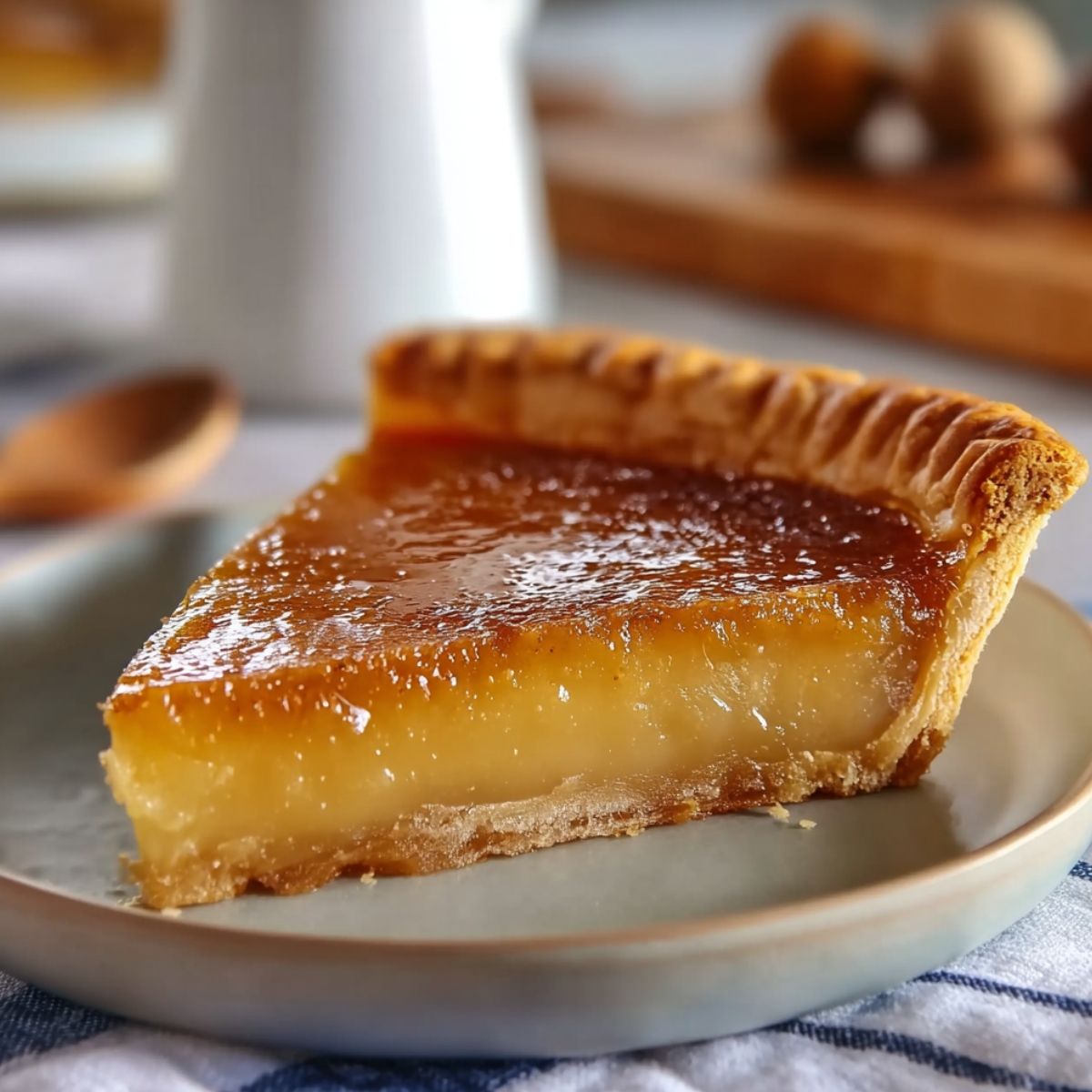 A single slice of salted honey pie on a gray ceramic plate, showcasing a glossy caramelized amber honey custard filling with a creamy pale interior layer in a golden fluted pastry crust, with a wooden spoon, white pitcher, and nuts blurred in the background.