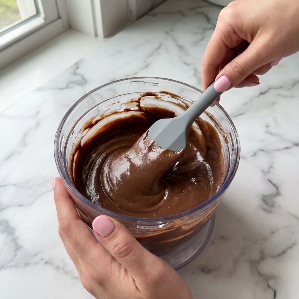 Close up of hands scraping smooth chocolate protein pudding from a blender bowl.