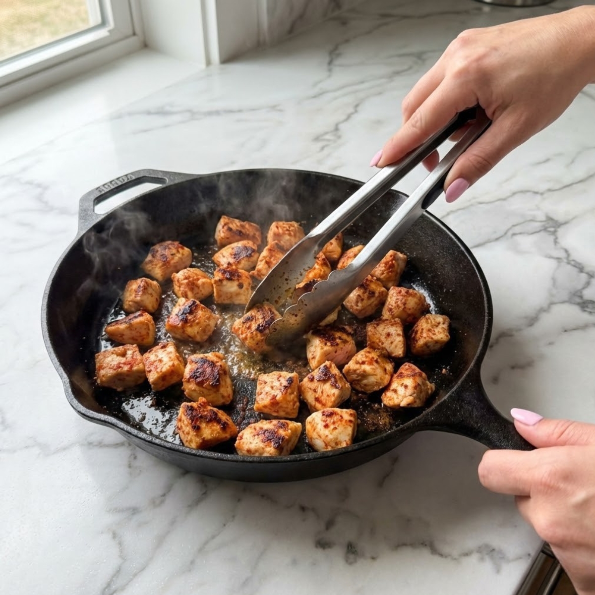 Close up of hands searing seasoned chicken cubes in a hot skillet.