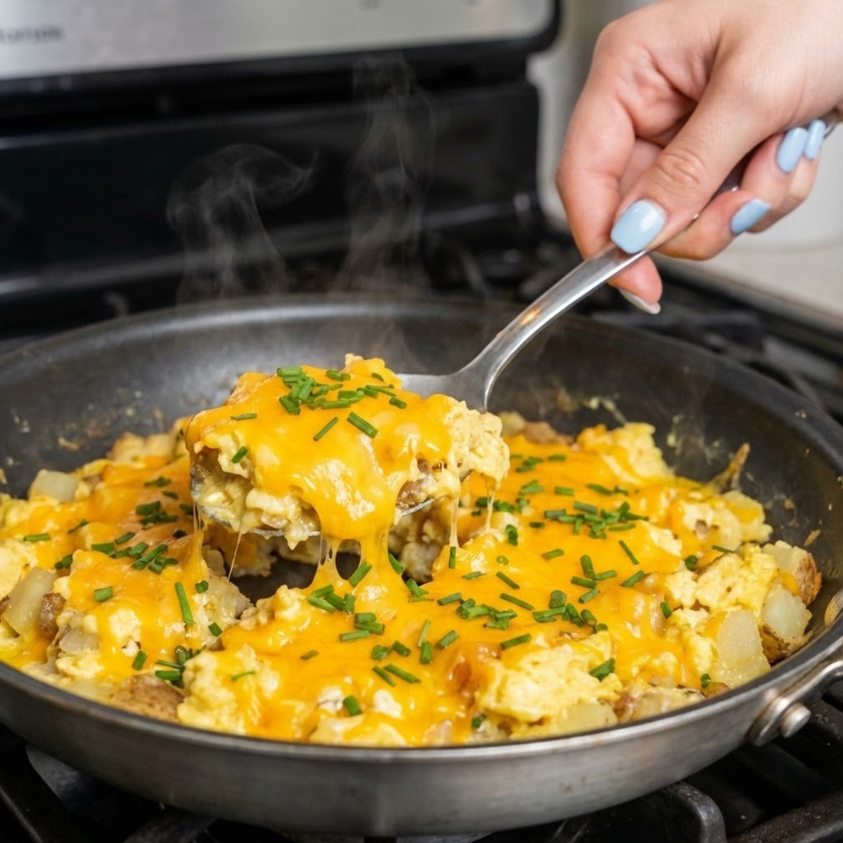 Close-up of a hand lifting a cheesy, chive-topped portion of the potato egg scramble from the skillet.