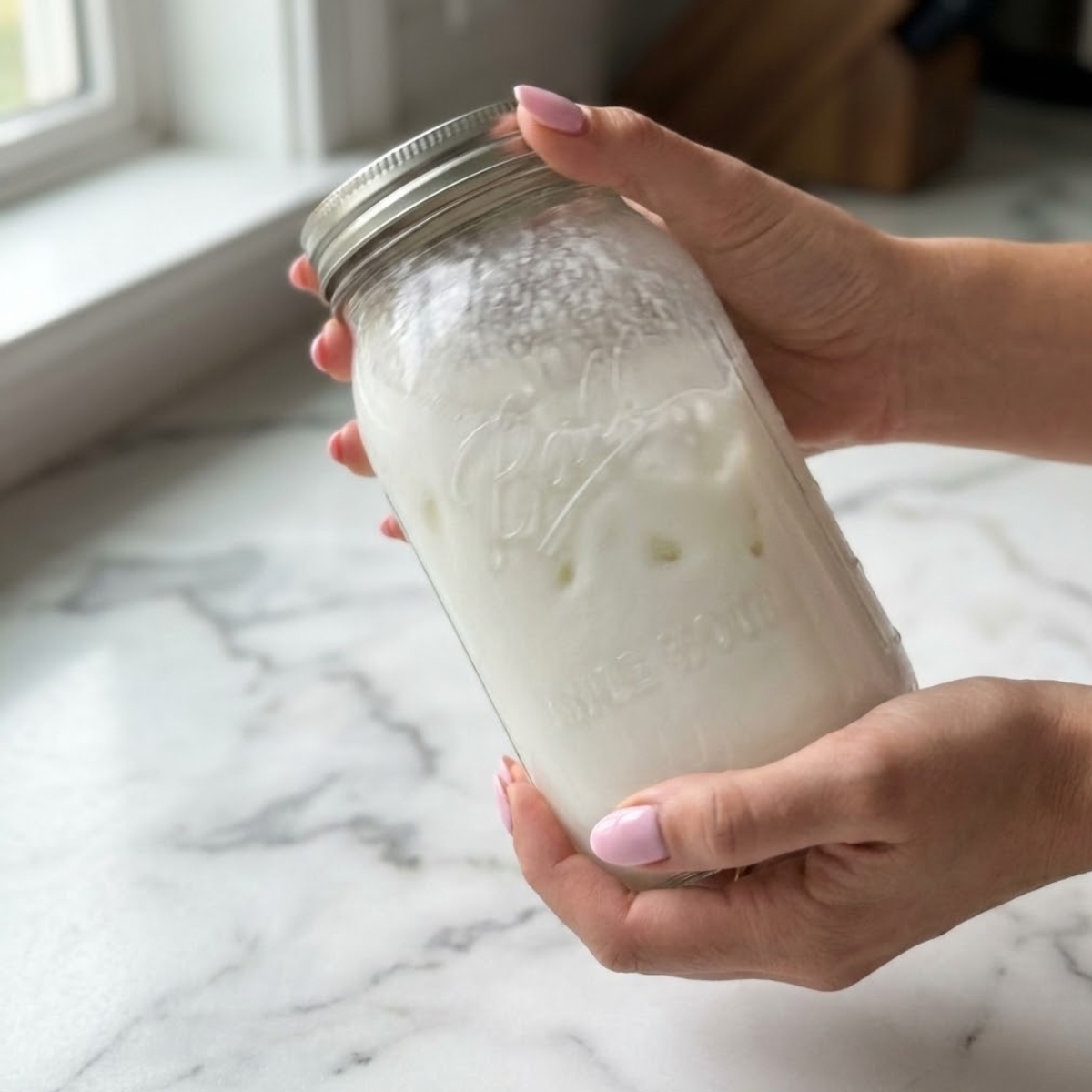 Close up of hands shaking a mason jar filled with coconut lime refresher ingredients.