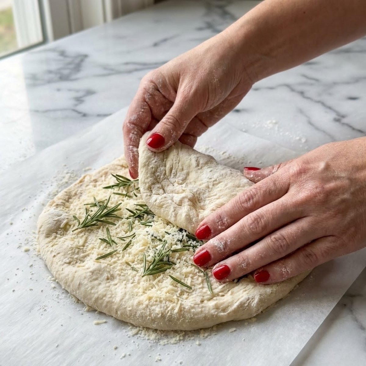 Close-up of hands with red nails shaping dough into a round loaf with fresh rosemary and Parmesan on parchment paper over a white marble counter.