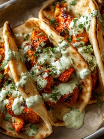 A sheet pan lined with parchment paper holding four charred flatbread pitas filled with spiced roasted chicken pieces, generously drizzled with creamy green herb sauce, and topped with freshly chopped cilantro.