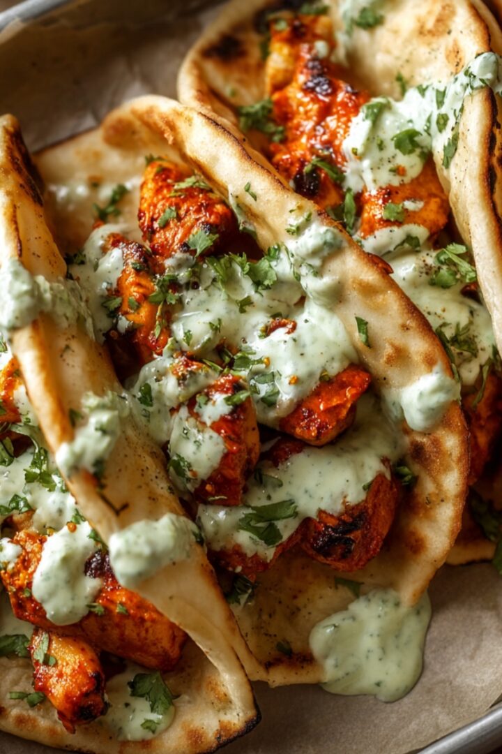 A sheet pan lined with parchment paper holding four charred flatbread pitas filled with spiced roasted chicken pieces, generously drizzled with creamy green herb sauce, and topped with freshly chopped cilantro.