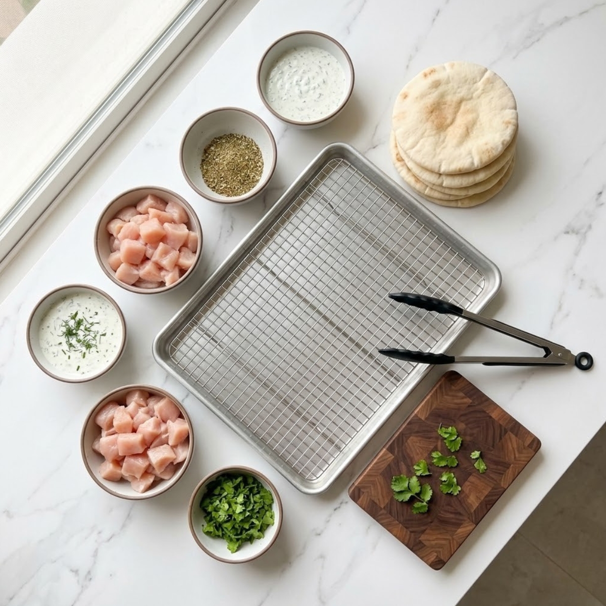 Overhead view of Sheet Pan Chicken Pita ingredients organized on a white marble counter without hands, featuring diced chicken, spices, ranch, cilantro, and pita bread.