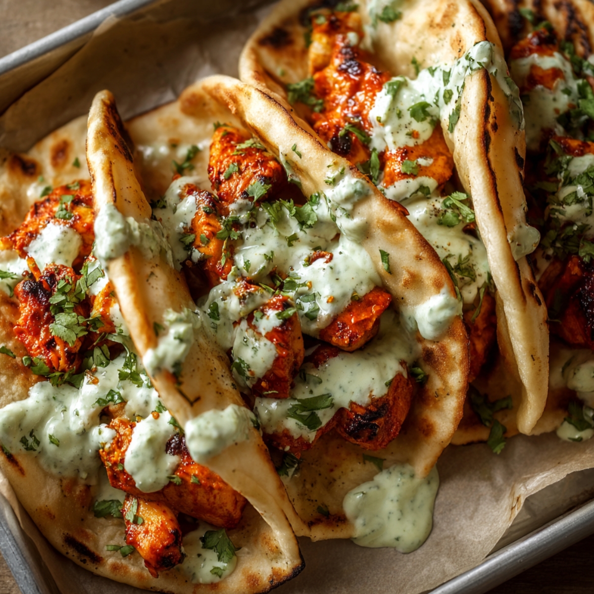 A sheet pan lined with parchment paper holding four charred flatbread pitas filled with spiced roasted chicken pieces, generously drizzled with creamy green herb sauce, and topped with freshly chopped cilantro.