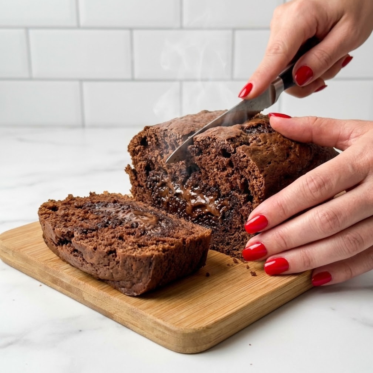 Extreme close-up of hands with red nails slicing a warm loaf of hot fudge brownie bread on a cutting board.