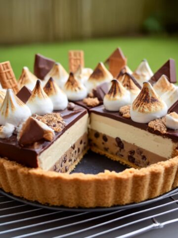 S'mores cookie dough pie with graham cracker crust, chocolate chip cookie dough filling, chocolate ganache layer, topped with toasted marshmallow peaks, chocolate shards, and graham cracker pieces, with a slice removed to show layers