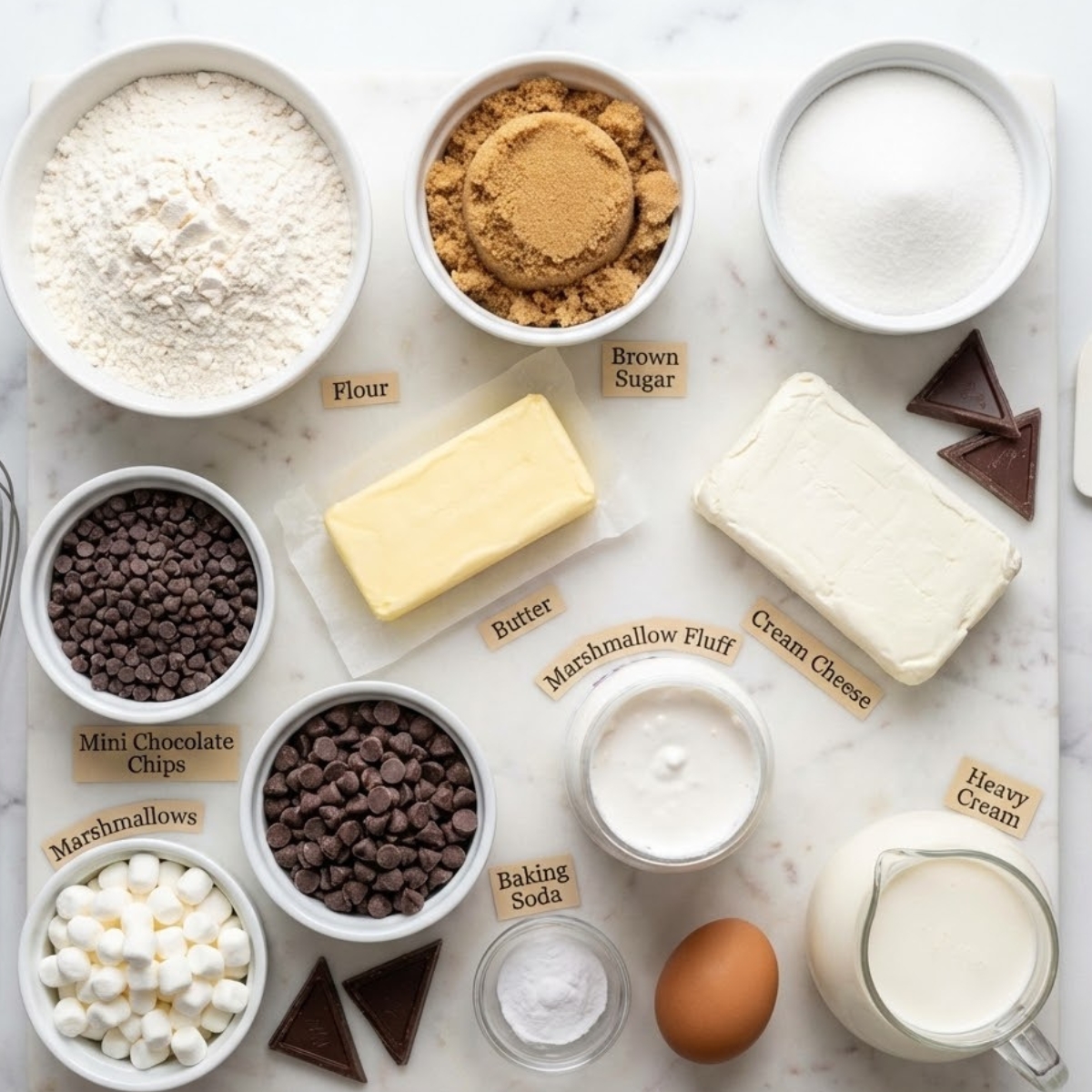 Overhead flat lay of the ingredients arranged on a cool marble or wooden pastry board.