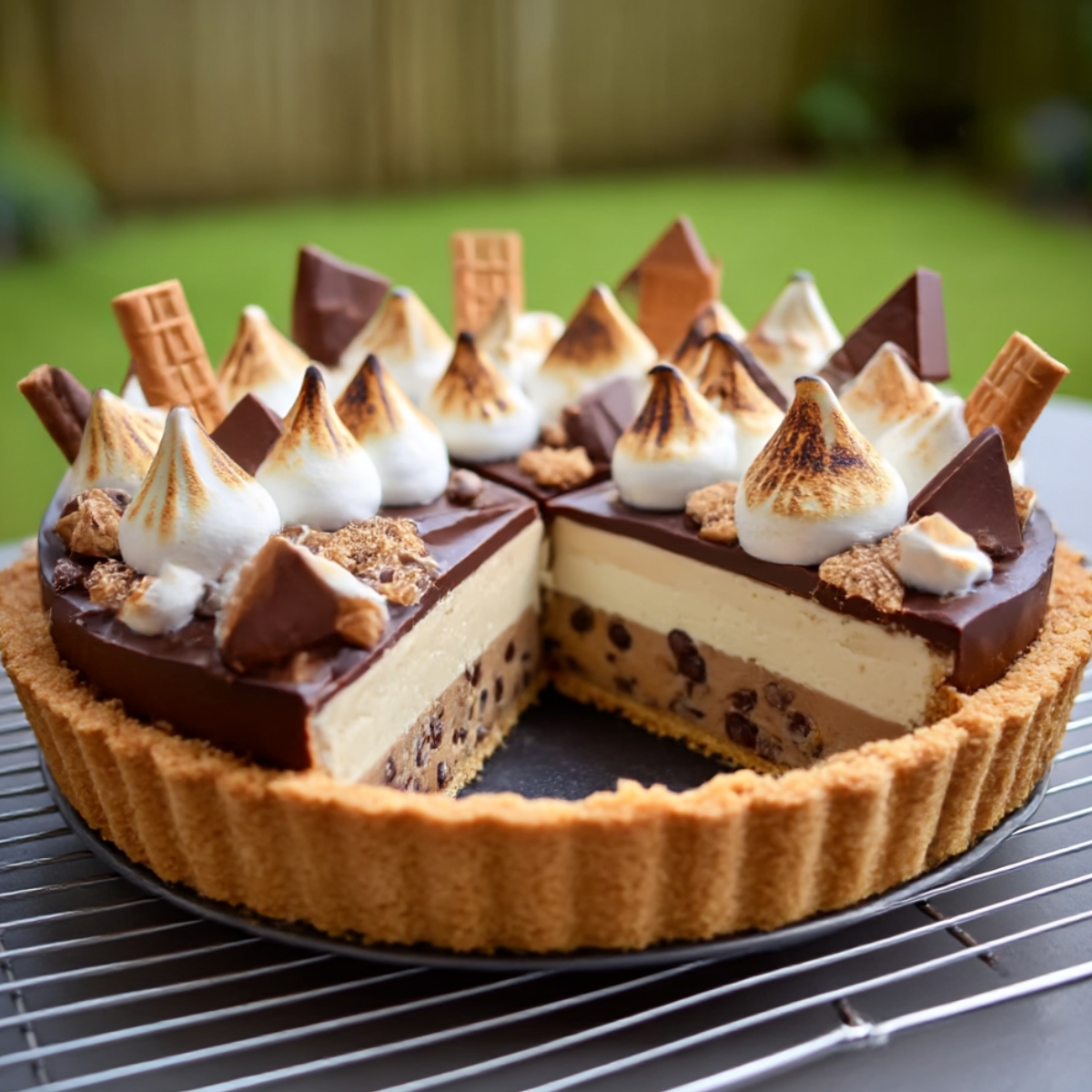 S'mores cookie dough pie with graham cracker crust, chocolate chip cookie dough filling, chocolate ganache layer, topped with toasted marshmallow peaks, chocolate shards, and graham cracker pieces, with a slice removed to show layers