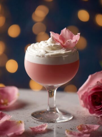 Valentine's Day Sour Raspberry cocktail in a coupe glass, centered on a white marble surface. The drink features two distinct layers: a pale pink raspberry base and a thick layer of white frothy foam on top, garnished with a delicate pink edible flower. The background shows a dark navy blue backdrop with warm golden bokeh lights creating a romantic ambiance. Pink rose petals are artfully scattered around the base of the glass, with a full pink rose positioned to the right side, softly out of focus.