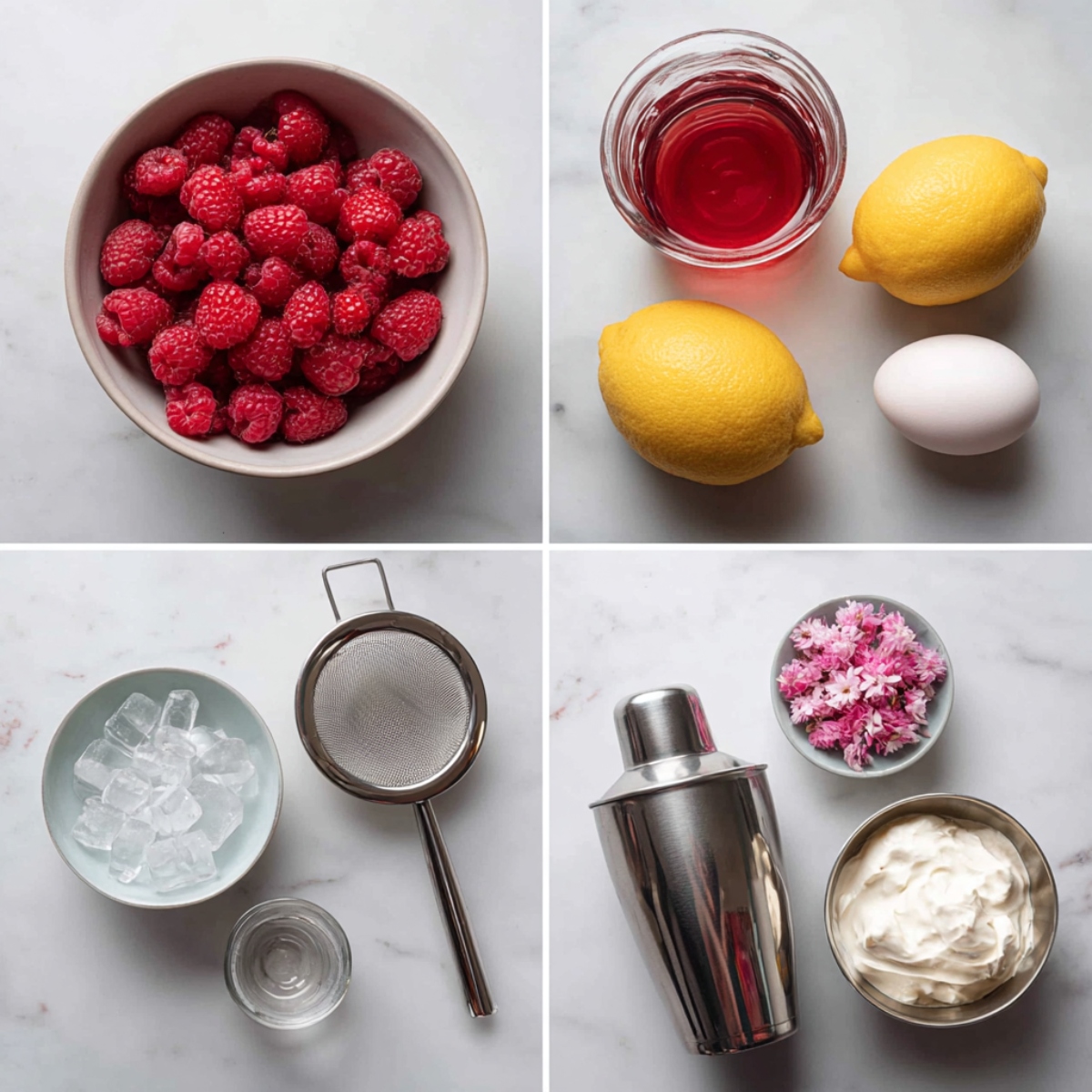 Ingredients for Sour Raspberry arranged in a 4-panel flat lay on a white marble kitchen counter.