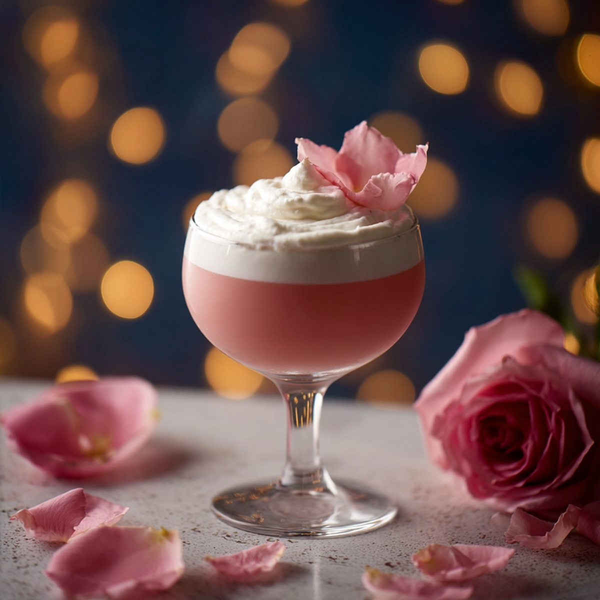 Valentine's Day Sour Raspberry cocktail in a coupe glass, centered on a white marble surface. The drink features two distinct layers: a pale pink raspberry base and a thick layer of white frothy foam on top, garnished with a delicate pink edible flower. The background shows a dark navy blue backdrop with warm golden bokeh lights creating a romantic ambiance. Pink rose petals are artfully scattered around the base of the glass, with a full pink rose positioned to the right side, softly out of focus.