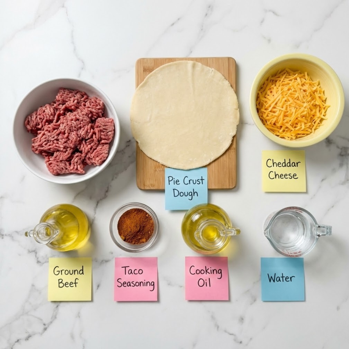 Overhead view of taco pocket ingredients including ground beef, tortillas, cheese, and seasoning organized in bowls with sticky note labels on a marble counter.